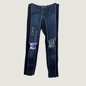 Styles Ever After Patchwork Jeans M Blue Black New York Rhinestone Upcycled Boho